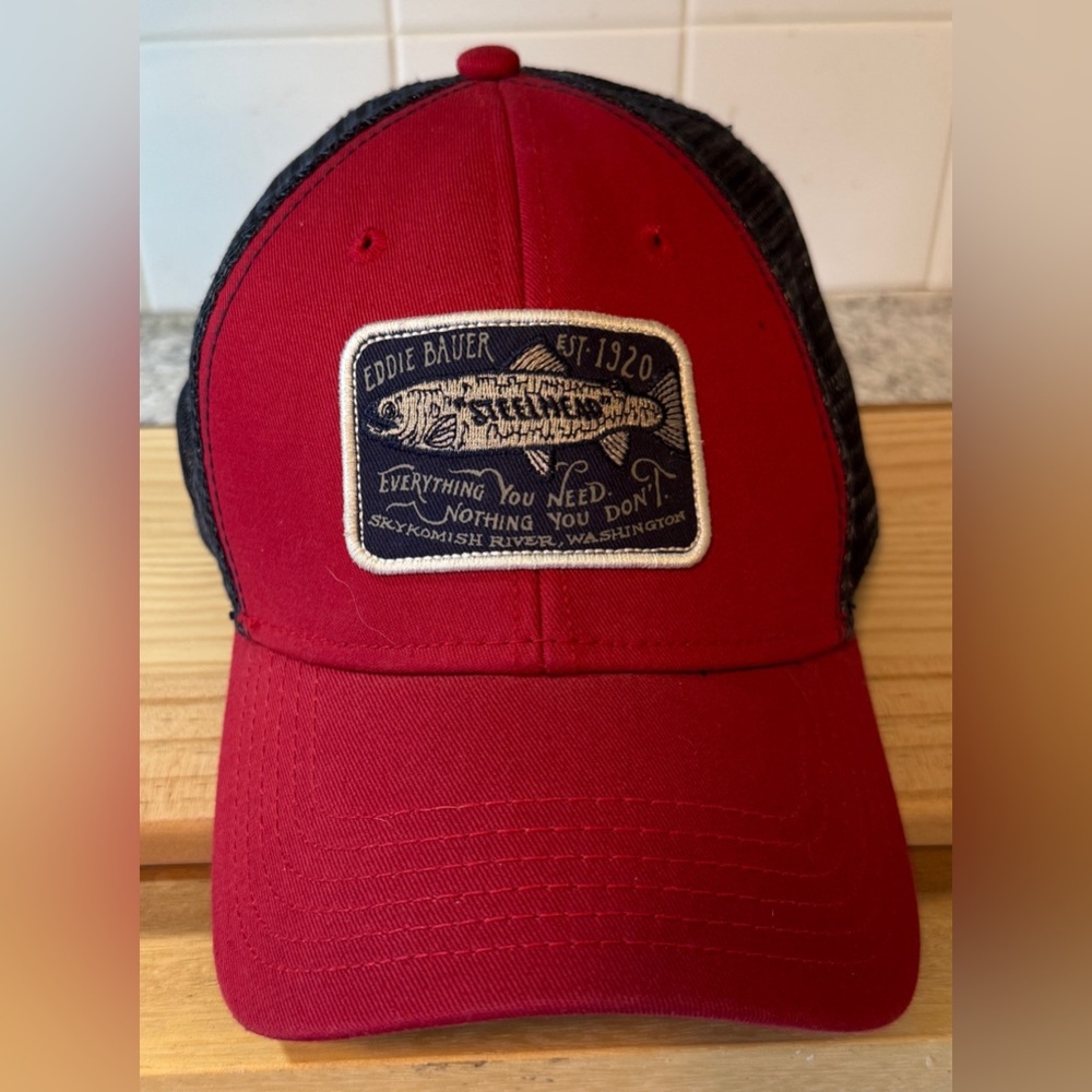 Eddie Bauer | Men’s/Unisex Red & Navy Steelhead Adjustable Strap Trucker Hat, OS